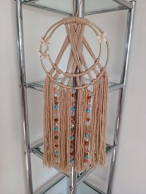 Boho Macrame Wall Hanging with Gemstone Beads And Crystals Beige, Turquiose